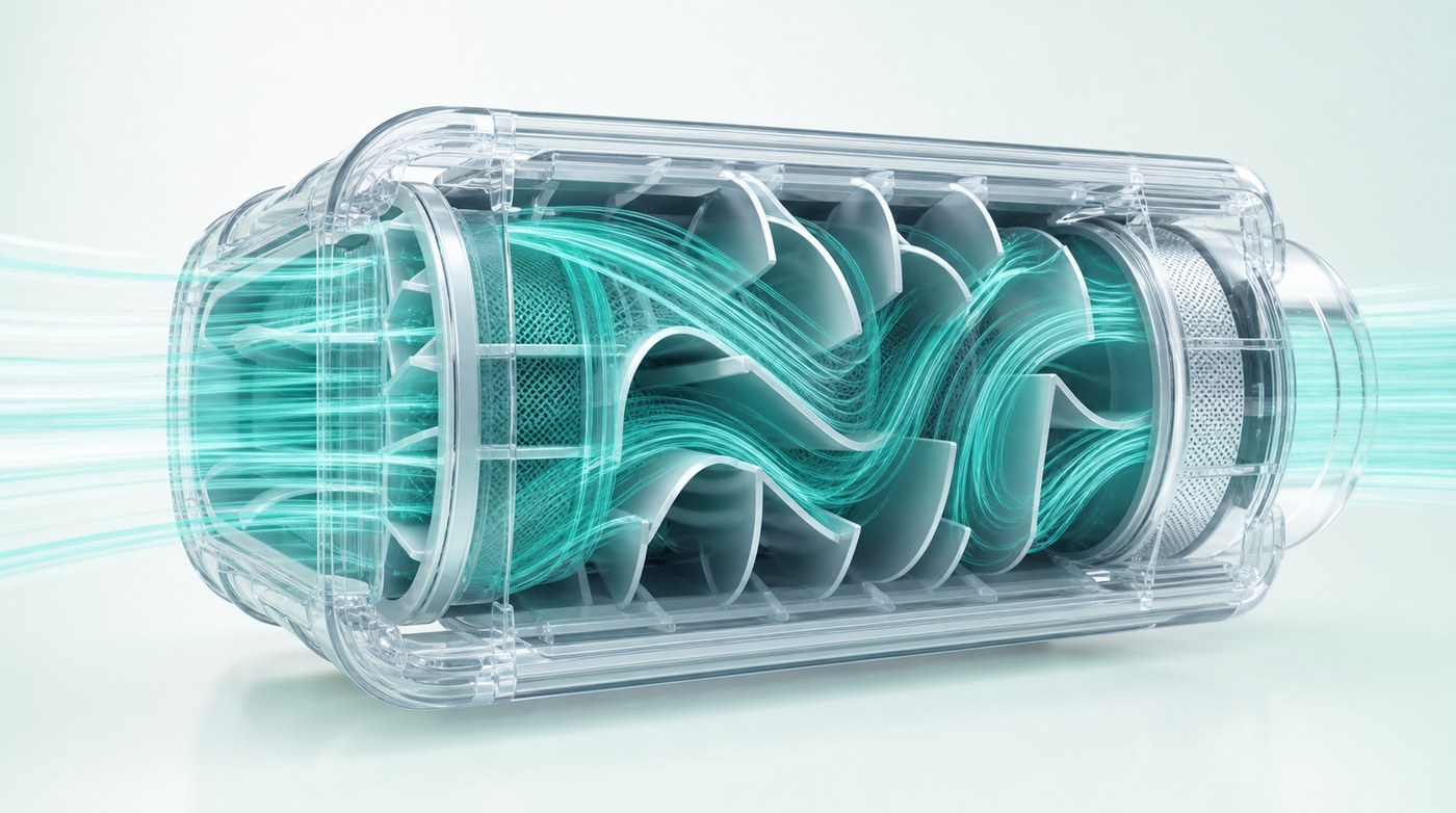 Transparent compact filtration chamber with spiral baffles extending dwell time and internal airflow travel