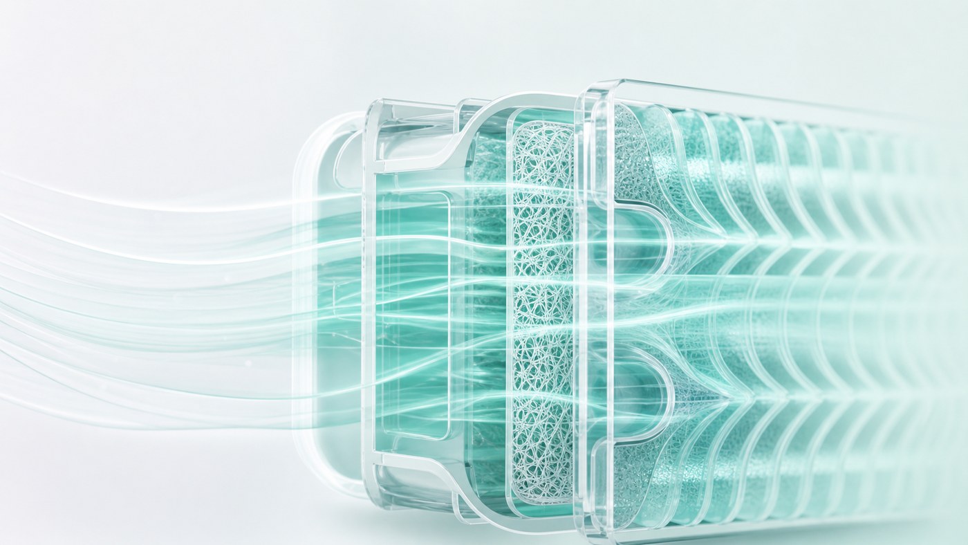 Transparent compact filter channels guiding teal airflow through calibrated source-filtration pathways
