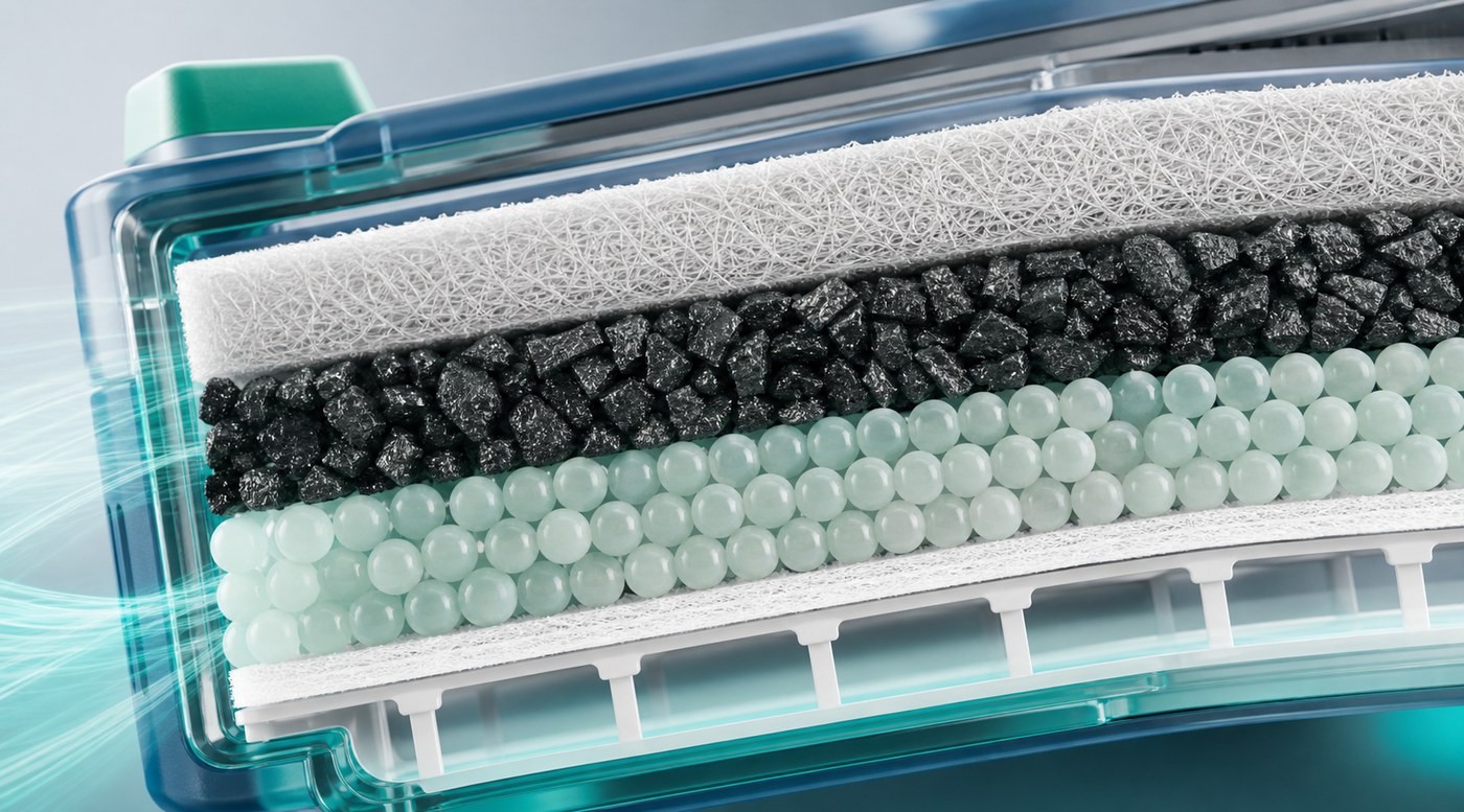 Macro cutaway of Ventipure filtration media with microfilter fiber, activated carbon, and silica gel layers