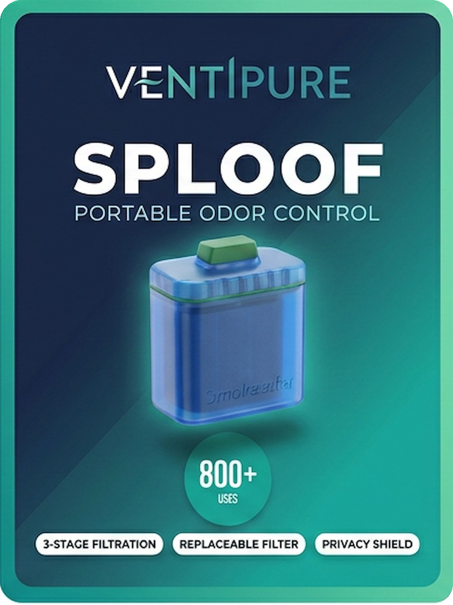 Ventipure Sploof portable odor-control filter front label with 3-stage filtration, replaceable filter, privacy shield, and 800+ uses